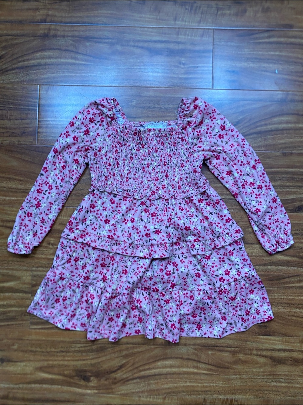Btween Girls Pink Smock Floral Tiered Long Sleeve Mini Dress Size 4 Cottagecore
